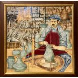 A Cobridge stoneware panel of nine tiles depicting 'The Potter' signed to the back JS 1998.