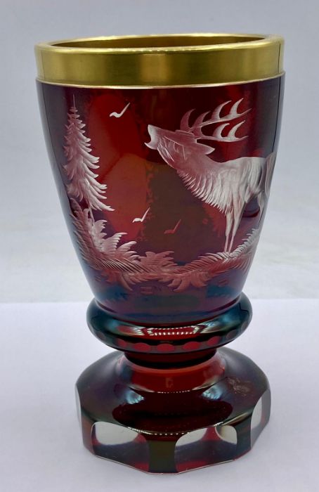 A Bohemian Beaker red glass with etched figures of Stag, possibly 1920's AF