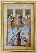 A framed Persian watercolour of a court scene