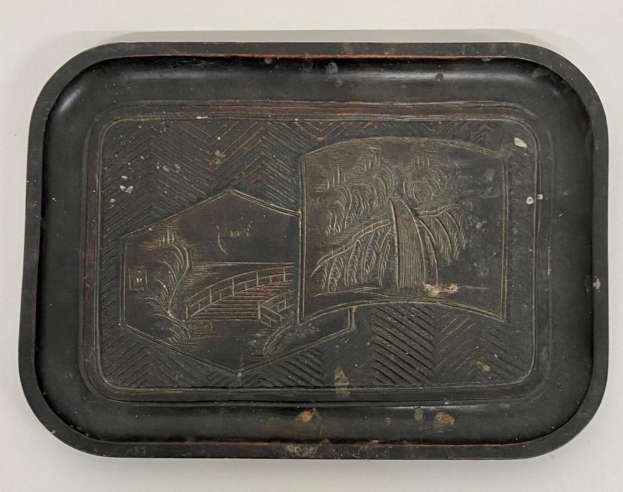 Two small Japanese themed carved wooden trays - Image 3 of 4