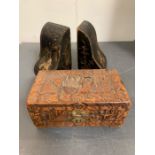 A pair of Japanese black and gold lacquer bookends (H16cm W9cm) and one carved box with brass