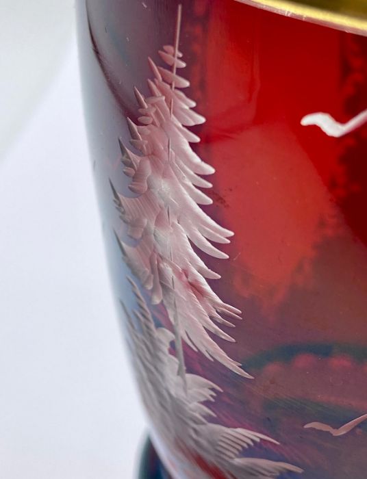 A Bohemian Beaker red glass with etched figures of Stag, possibly 1920's AF - Image 3 of 4