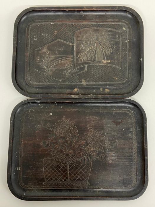Two small Japanese themed carved wooden trays