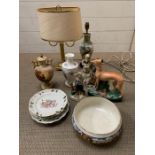 A selection of ceramics including Staffordshire style flat back and lamps