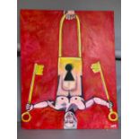 A 20th century English school, 'Red padlock', signed: 'MPC', acrylic on canvas, unframed, (80cm x
