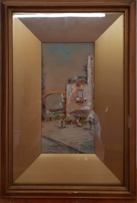 An Italian view, gouache, illegibly signed, framed and glazed, (23x11 cm). - Image 2 of 3