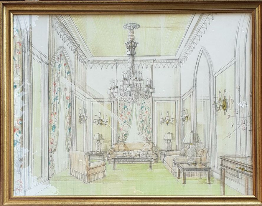 A 20th century English School, 'Green interior', mixed media on paper, framed and glazed, (38x50 - Image 2 of 3