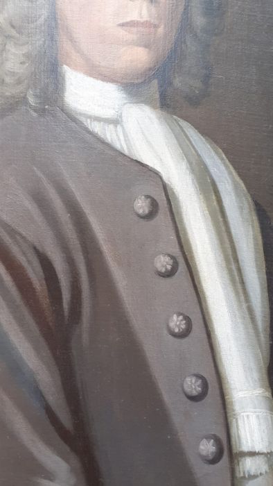 An English School, 'Portrait of a 18th century gentleman bust-length, wearing a grey coat with white - Image 4 of 5