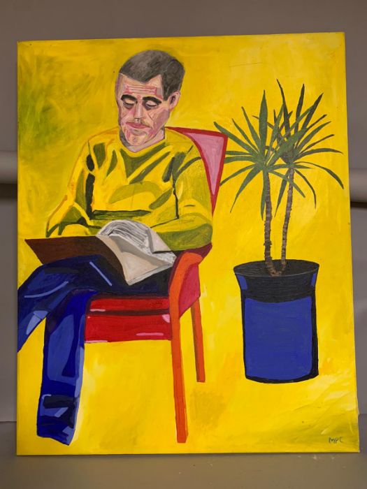 A 20th century English school, 'Man reading and plant', signed: 'MPC', acrylic on canvas,