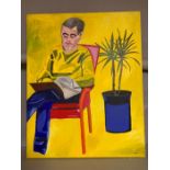 A 20th century English school, 'Man reading and plant', signed: 'MPC', acrylic on canvas,
