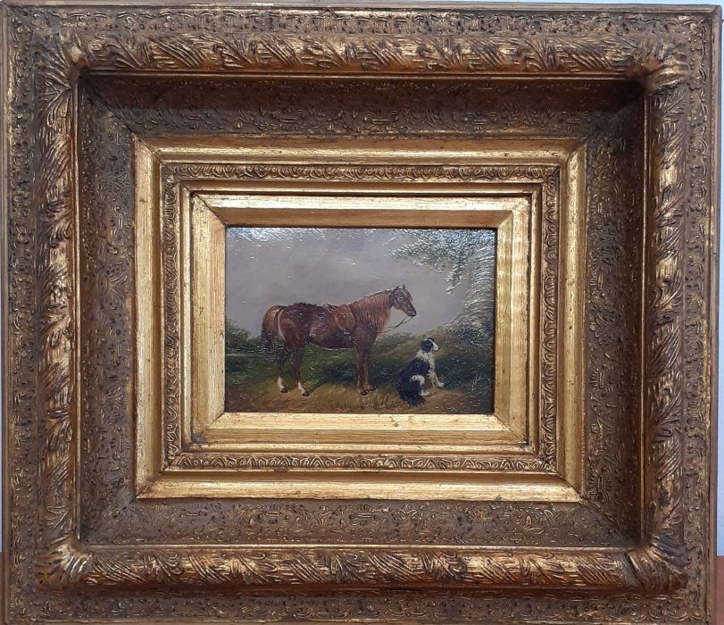 A 19th century English School, Follower of James Ward RA, 'Horse and dog', oil on panel, within a