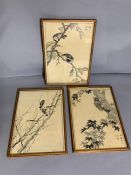 Three Japanese prints with birds, framed and glazed, signed (23cm x 34cm) (Frame 25cm x 36cm).