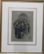 A mixed media depicting a 19th century genre scene, illegibly signed and dated 1899, framed and