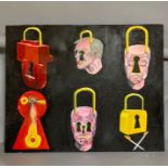 A 20th century English school, 'Padlock heads', probably by 'MPC', acrylic on canvas, unframed, (