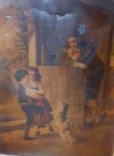 Circle of William Hemsley, 'Children dancing inside a cottage', oil on canvas, unsigned, framed, (