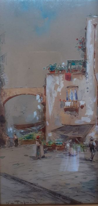 An Italian view, gouache, illegibly signed, framed and glazed, (23x11 cm).