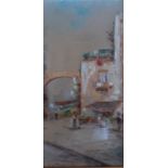 An Italian view, gouache, illegibly signed, framed and glazed, (23x11 cm).