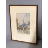 A watercolour depicting "Alter Friedhof Freiburg", framed and glazed (17cm x 25cm) (Frame 34cm x