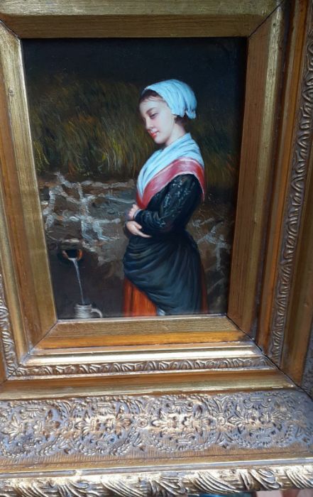 A 19th century English School, 'Maid at a Fountain', oil on panel, within a remarcable gilded frame, - Image 10 of 10