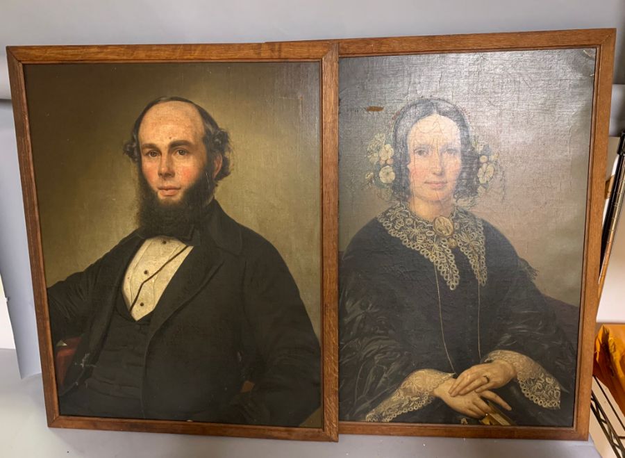 A pair of 19th century American school, 'Mr and Mrs portraits', oil on canvas, framed, (78cm x