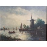 A 20th century Continental School, 'Moonlit river scene with a windmill', illegibly signed: '