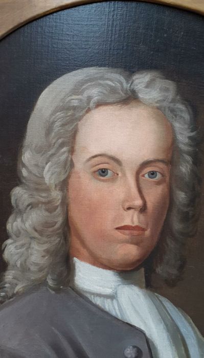 An English School, 'Portrait of a 18th century gentleman bust-length, wearing a grey coat with white - Image 3 of 5