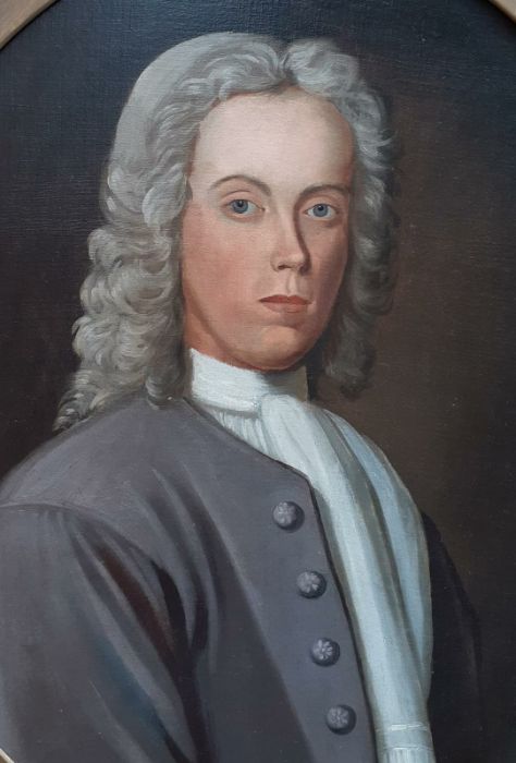 An English School, 'Portrait of a 18th century gentleman bust-length, wearing a grey coat with white - Image 2 of 5