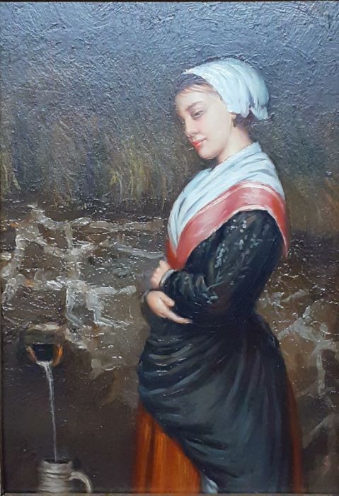 A 19th century English School, 'Maid at a Fountain', oil on panel, within a remarcable gilded frame, - Image 3 of 10
