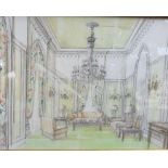 A 20th century English School, 'Green interior', mixed media on paper, framed and glazed, (38x50