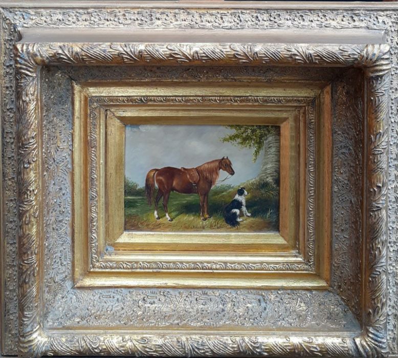A 19th century English School, Follower of James Ward RA, 'Horse and dog', oil on panel, within a - Image 8 of 10