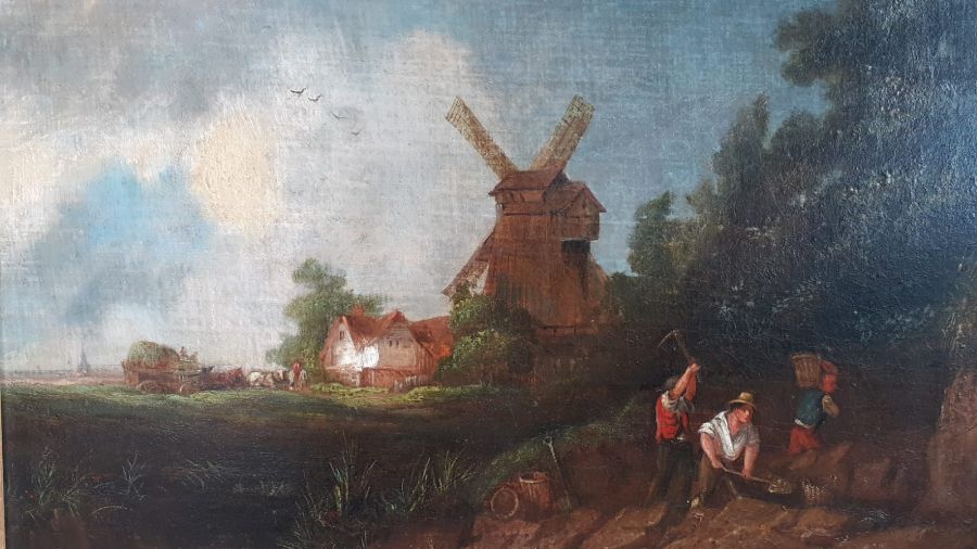 A follower of Norwich School, 'Works near a windmill', oil on panel, within a Louis XIV style gilded - Image 2 of 3