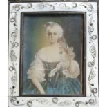 A 19th century French miniature depicting a 18th century french lady taken off a veil, gouache on
