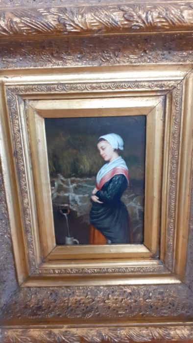 A 19th century English School, 'Maid at a Fountain', oil on panel, within a remarcable gilded frame, - Image 4 of 10
