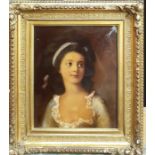 A 19th century English underglass print, 'Portrait of a lady with ribbon', within an original