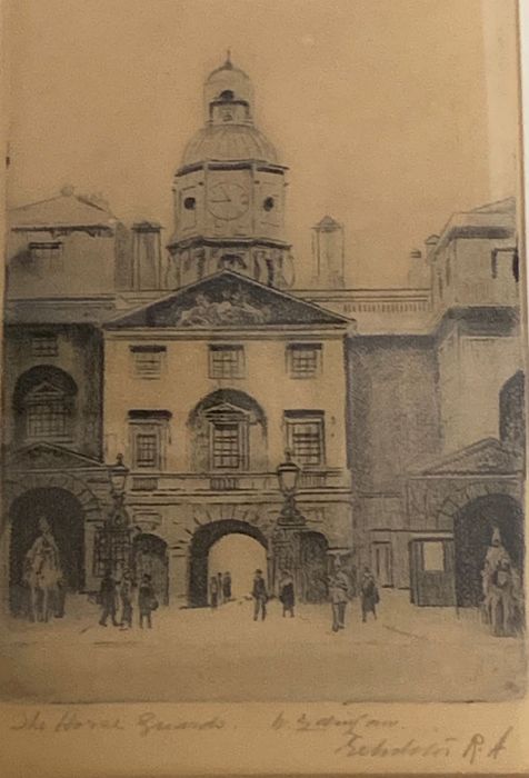 A pair of etchings, "St. Paul" and "The horse guards", illegibly signed, framed and glazed, (11cm - Image 2 of 3