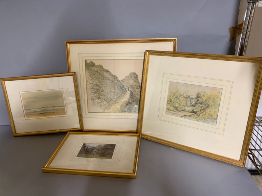 A group of four English watercolours, framed and glazed,