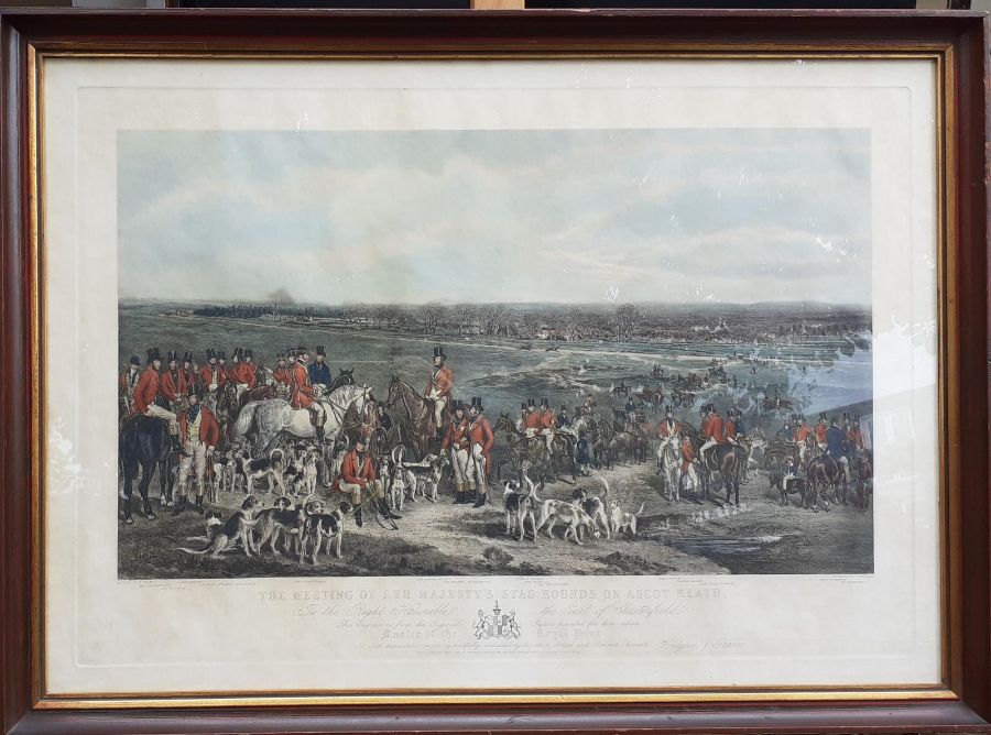 A 19th century hand-colored engraving "The Meeting of Her Majesty's Stag Hounds on Ascot Heath",