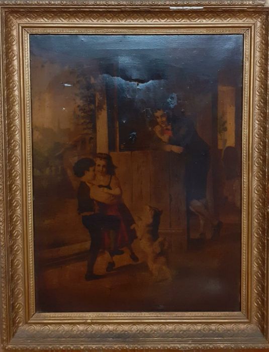 Circle of William Hemsley, 'Children dancing inside a cottage', oil on canvas, unsigned, framed, ( - Image 2 of 2