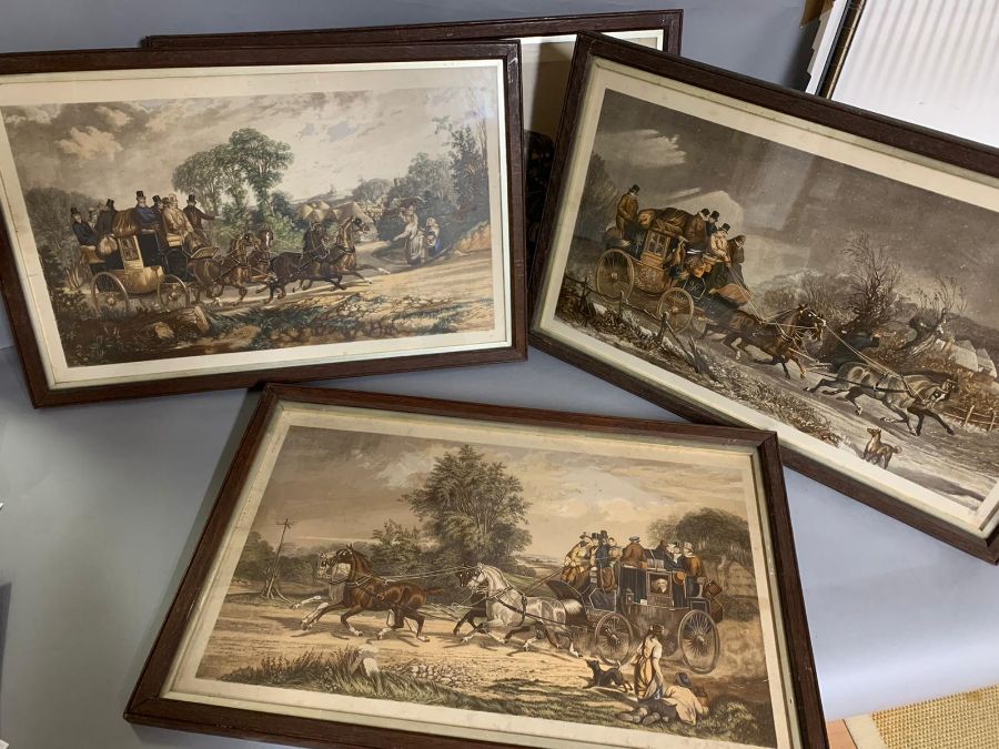 A set of four prints depicting coaching scenes following Henry Thomas Alken, (60x36 cm)