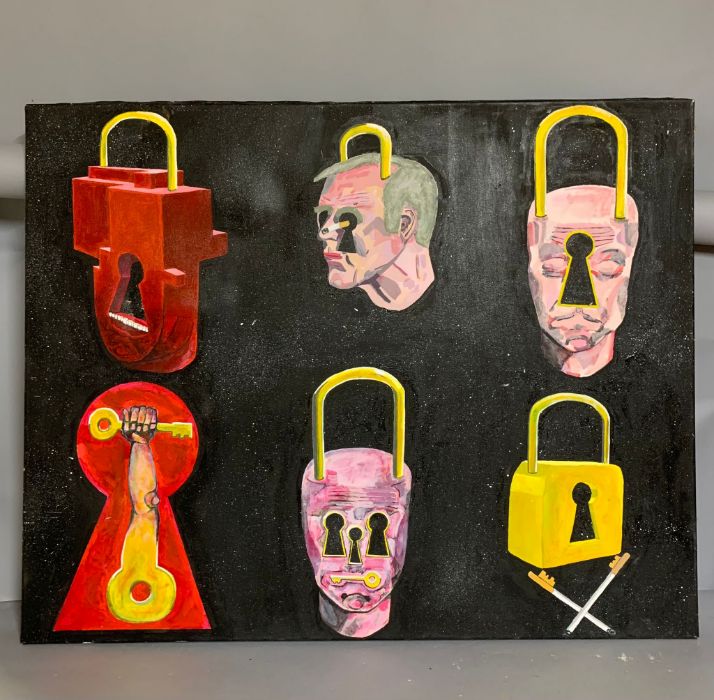 A 20th century English school, 'Padlock heads', probably by 'MPC', acrylic on canvas, unframed, ( - Image 2 of 2