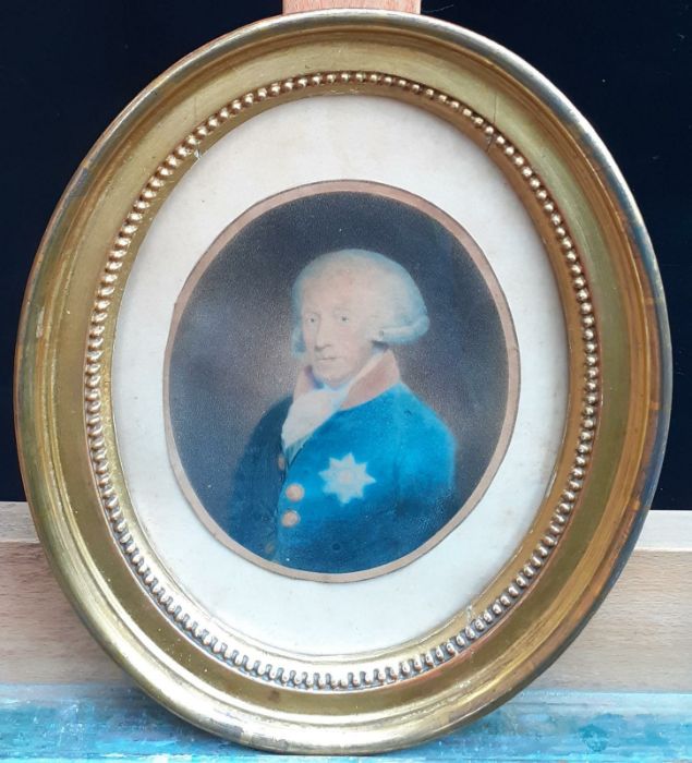 A royal (George II?) with the Garter star medal, a hand-coloured print within a gilded oval and - Image 2 of 2