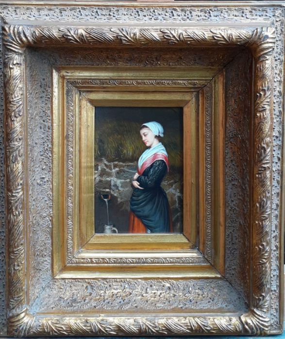 A 19th century English School, 'Maid at a Fountain', oil on panel, within a remarcable gilded frame, - Image 7 of 10