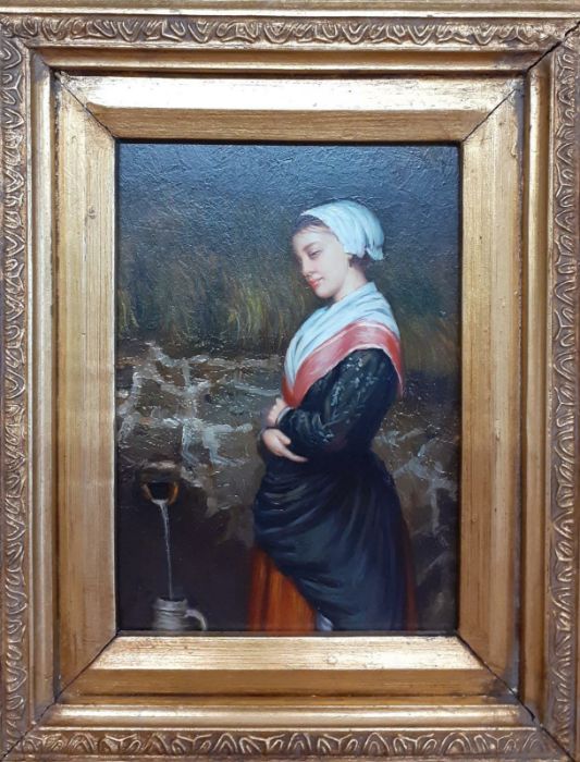 A 19th century English School, 'Maid at a Fountain', oil on panel, within a remarcable gilded frame, - Image 2 of 10