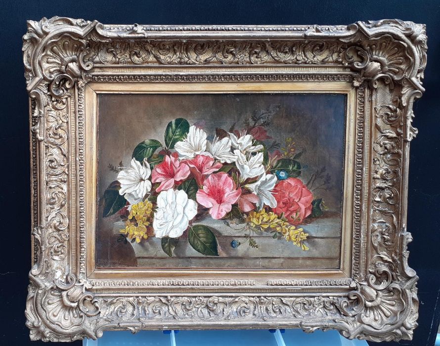 A 19th century Continental School, 'Still life', label verso: "Flowers/Law/Dover Cottage/Putney", - Image 3 of 8