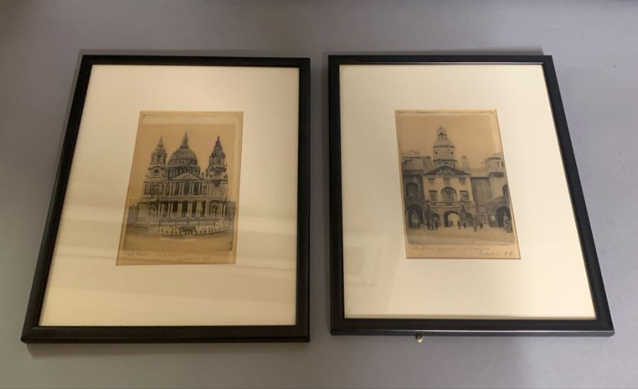 A pair of etchings, "St. Paul" and "The horse guards", illegibly signed, framed and glazed, (11cm