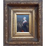 A 19th century English School, 'Maid at a Fountain', oil on panel, within a remarcable gilded frame,