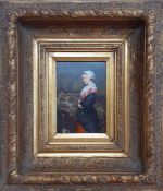 A 19th century English School, 'Maid at a Fountain', oil on panel, within a remarcable gilded frame,