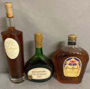 Bottles of Claron Cartagne vin liqueur, Ducastaing Armagnac and Crown Royal Whisky