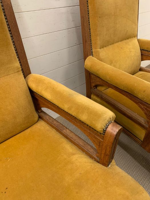 A Pair of open armchairs in gold velvet with carved backs. - Image 4 of 5