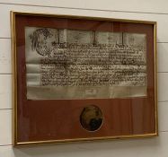 A King Charles I charter with part of a seal.